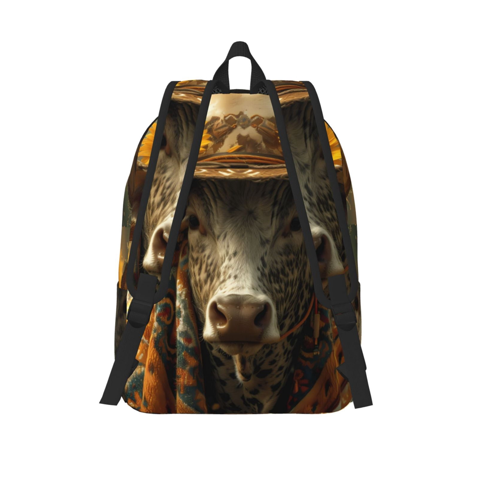 Picia Sunflower Cowboy Hat Cow Printed Canvas Daypack - Stylish and Durable Vintage Compact Backpack - Class, Work, Travel, or Laptop Bookbag,Organized Compartments-Small