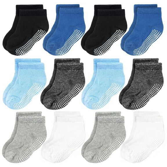 CozyWay Boy Socks With Grippers - Non Slip Low Cut Grip Socks for Boys Ages 1 Year and Up - Soft Comfy Cotton - Multi Color Blue - 12 Pack