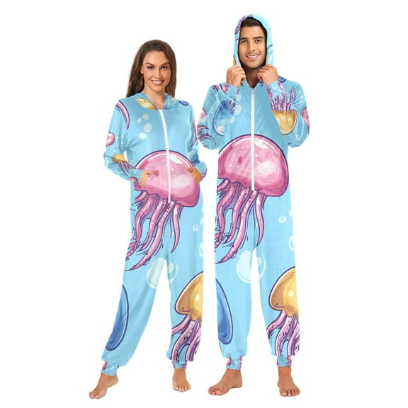Jellyfish in Blue Adult Onesie Pajamas Slim Fit Christmas One Piece Suit Pjs for Women and Men Hooded Zipper