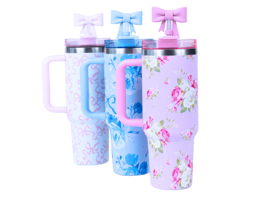 Hi Peach Layne Pink Floral Tumbler 40oz with Straw, Handle, & 30g Bath Bomb Inside, Limited Edition