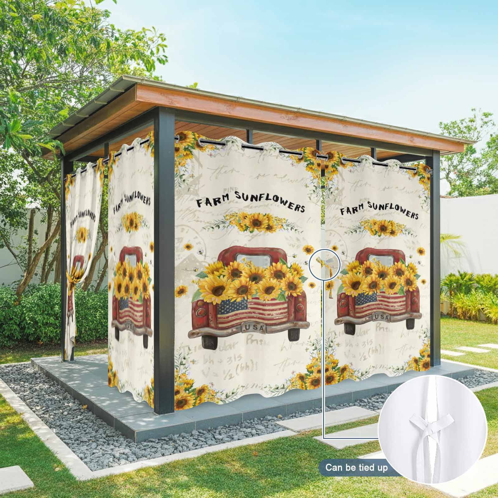 Outdoor Curtains for Patio Waterproof, Sunflower Truck Outdoor Privacy Panels Grommet, Summer Botanical Elegant Pastoral Floral Blackout Outside Curtains for Porch/Cabana 54"x108", 1 Panel