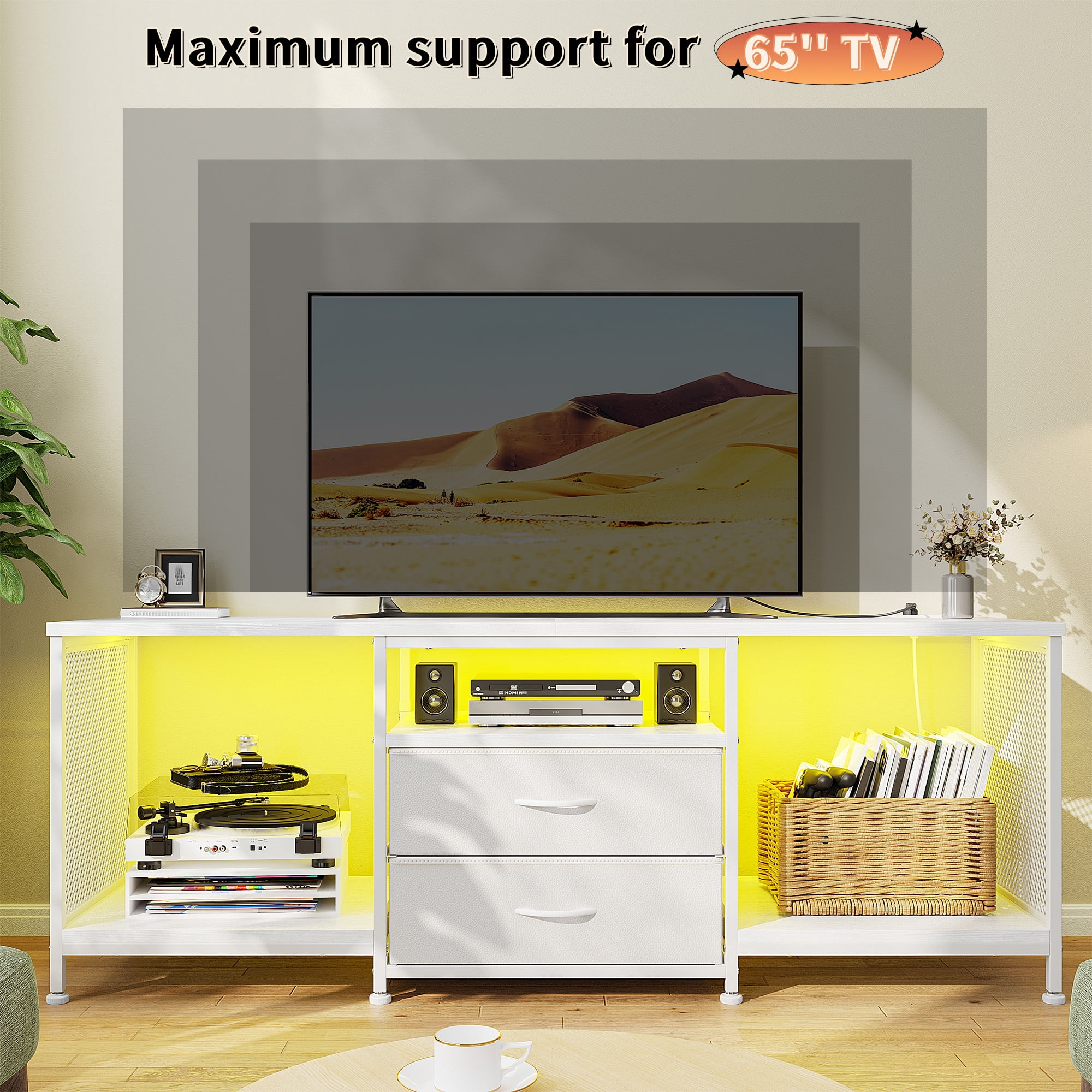Dresser with Power Outlets & LED Lights Dresser for Bedroom with 2 Drawers TV Stand with Open Storage Shelves,White
