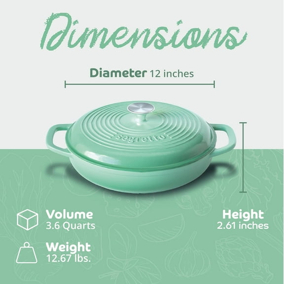 3.6 QT Light Green Enameled Cast Iron Braiser Pan with Lid, Oven Safe Cookware