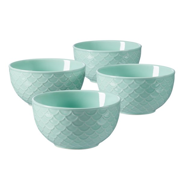 Mainstays Geometric Revival Embossed 4 Bowl Set, Teal