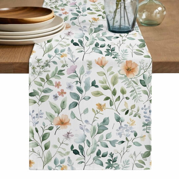 Colorful Flowers Table Runner, Farmhouse Botanical Floral Herbs Washable Cotton Linen Table Runners 48 Inches Long, Dresser Scarf Runner for Nightstand/Coffee/End Tables 13''x48''