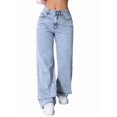 thumbnail image 3 of Women'S Baggy Straight Leg Jeans Elastic High Waisted Denim Pants Bottoms with Pockets Blue L, 3 of 10