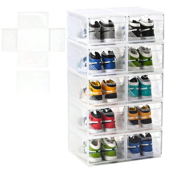 Foldable Shoe OrganizerShoe Storage Organizer 10 Pack Shoe Box Clear Plastic Stackable Drop Front Shoe Box with magnetic Door Containers For Sneaker Fit up to US Size 15