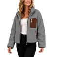 thumbnail image 3 of Husipze Women Stand Collar Short Sherpa Fleece Jacket Full Zip Long Sleeve Short Fall Winter Coat Fuzzy Teddy Outerwear with Pockets Gray M, 3 of 10