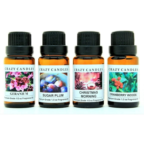 Crazy Candles 4 Bottles Set, 1 Geranium, 1 Sugar Plum, 1 Christmas Morning, 1 Cranberry Woods 1/2 Fl Oz Each (15ml) Premium Grade Scented Fragrance Oils