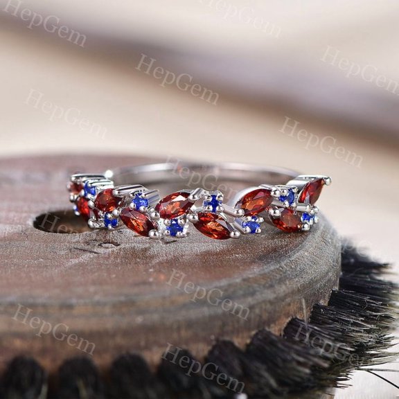 Garnet Wedding Band Marquise Stack Ring Silver Gold Women Anniversary Ring January Birthstone Bridal Gift