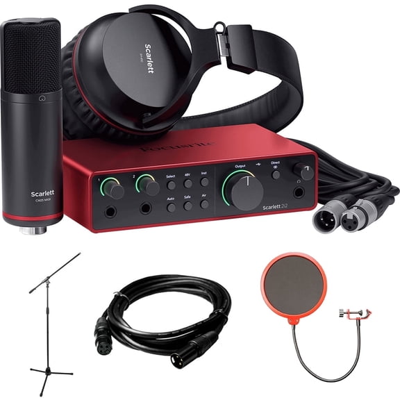 Focusrite AMS-SCARLETT-2I2-STU Scarlett 2i2 Studio 4th Gen Audio Interface Bundle with Mic, Headphones   XLR Male to XLR Female Cable   Universal Pop Filter Wind Screen   Microphone Stand with Boom
