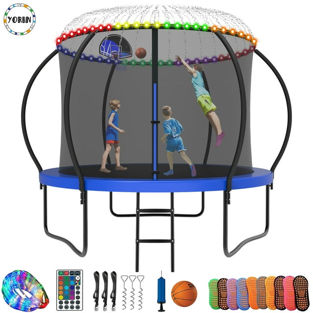 YORIN Trampoline for 3-4 Kids, 10FT Trampoline for Adults with Enclosure Net, Basketball Hoop, Ladder, 1000LBS Outdoor Recreational Trampoline with Light, Sprinkler, Socks, Heavy Duty Round Trampoline