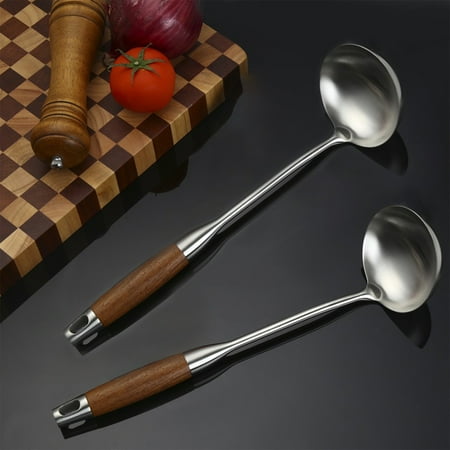 

Foqnuq 304 Stainless Steel Kitchen Utensil Set with Long Wooden Handle - Large Spatula Slotted Turner Soup Ladle for Cooking and Serving