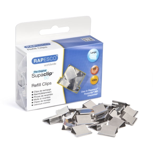 Rapesco Supaclip #60 Clips de repuesto - Paquete de acero inoxidable de 100 (CP10060S)