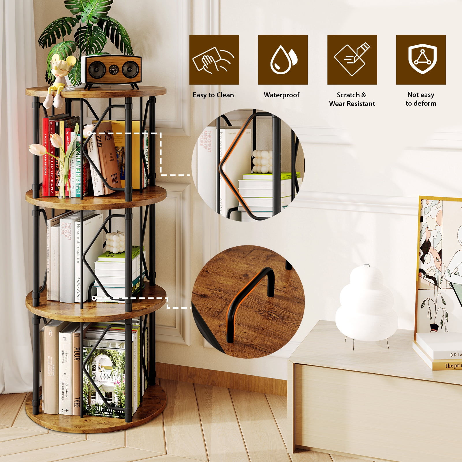 LLappuil 3 Tier Rotating Bookshelf, 360° Display Swivel Bookcase, Corner Bookshelf for for Bedroom, Living Room Brown