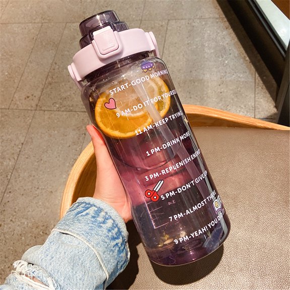 2L Sports Straw Water Bottle with Time Marker Large Capacity Fitness Water Jug Portable Leak-Proof Water Bottle with Stickers & Random Accessories for Gym Outdoor Travel