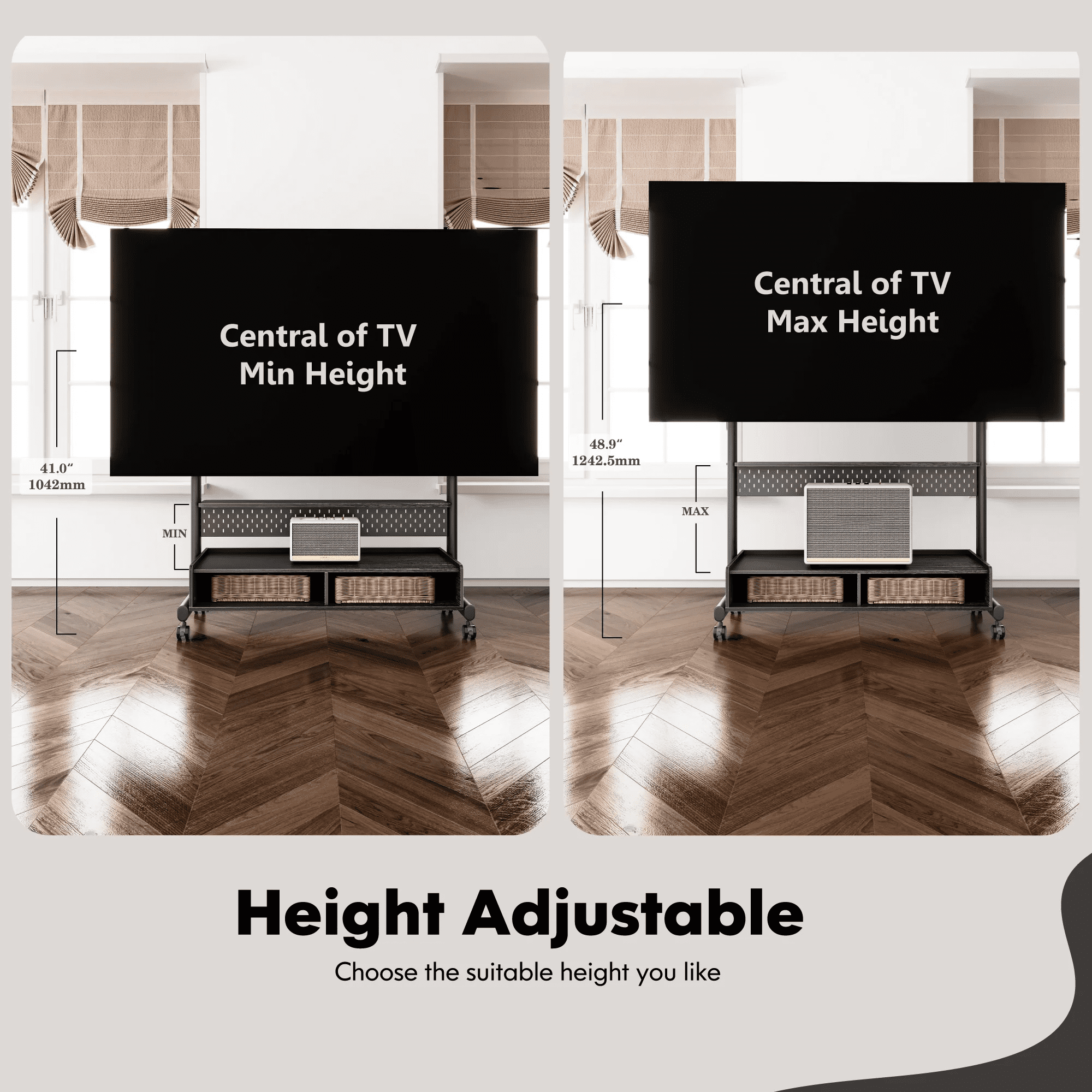 FITUEYES Rolling TV Stand with Wheels for 70-100 inch TVs,with Two Wooden Large Storage,Black