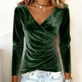 thumbnail image 2 of HAPIMO Womens Velvet Tops Ruched Wrap V Neck Stretch Slim Shirts Elegant Party Shirts Casual Long Sleeve Blouses Army Green L, 2 of 7