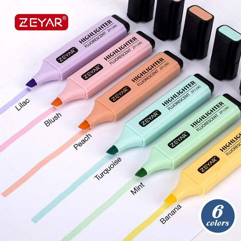 ZEYAR Highlighters, Dual Tips Marker Pen, Chisel and Fine Tips, 6 Candy Colors, Water Based, Assorted Colors, Quick Dry (6 Candy Colors)