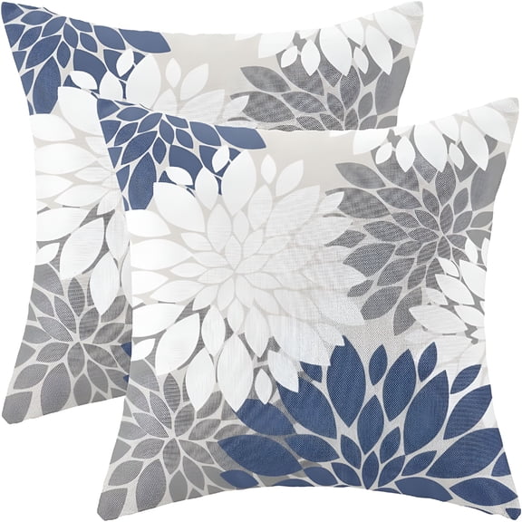 AUQ 2026 New Navy Blue White Grey Pillow Covers 18X18" Set of 2 Dahlia Floral Decor Throw Pillows Summer Modern Geometry Flower Outdoor Decorative Cushion Cases for Sofa Couch Bed Decorations