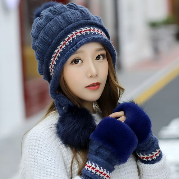 TELOLY Soft and Comfortable Hat Fashion Winter Hat Gloves Set For Women Girls Warm Pompoms Winter Snow Ski Hats Knitted Caps And Gloves All Seasons