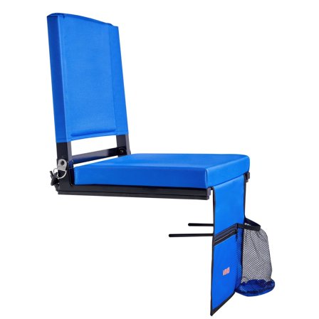 Comfort Bleacher Seat Foldable Stadium Chair with Padded Back & Cushion, Shoulder Strap, Cup Holder, Side Pocket and Hooks, Blue