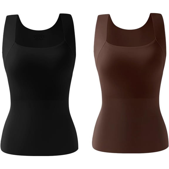 Women's U Neck Thermal Tank Top with Built-in Bra - Seamless Sleeveless Warm Vest, High Elasticity Slim-Fitting Base Layer for Women