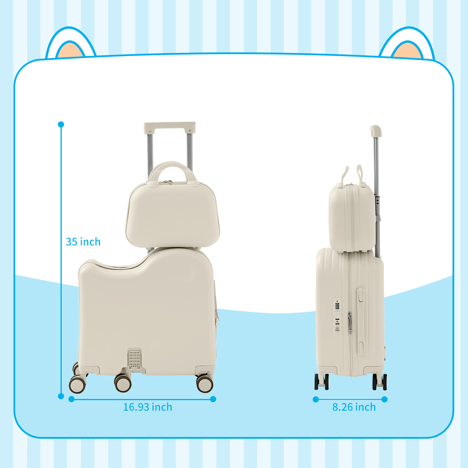 TABU Kids Ride on Luggage with Handbag, Hardshell Suitcase with 6-Spinner Wheels,Hidden Cup Holder,Foldable Pedal,White