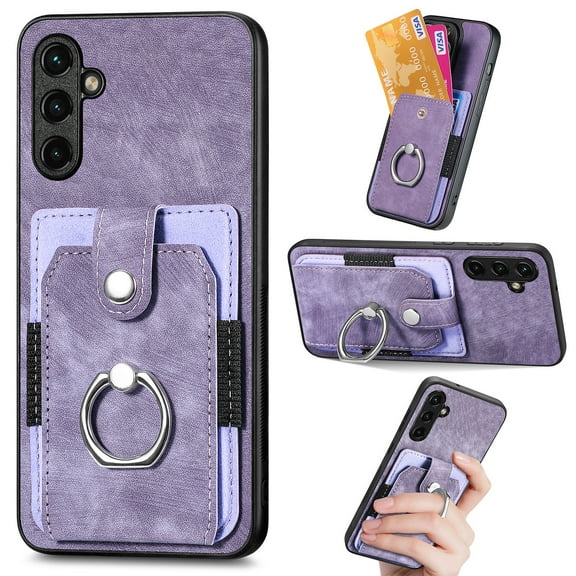 Feishell for Samsung Galaxy S24 Plus Wallet Case with Elastic Card Holder,Premium PU Leather Shockproof TPU Bumper 360° Rotation Finger Ring Holder Kickstand Anti-Scratch Protective Phone Case,Purple
