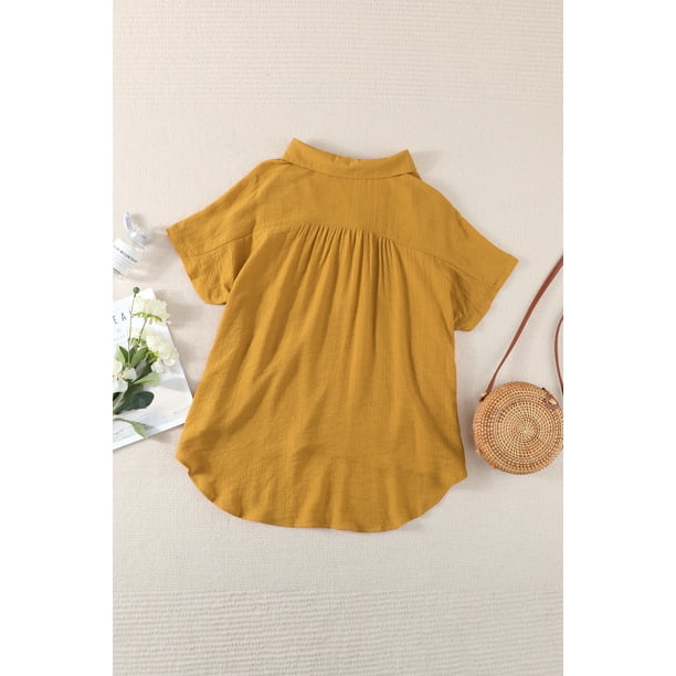 ABPHQTO Blusa drapeada de manga corta con dobladillo alto y bajo con cuello para mujer