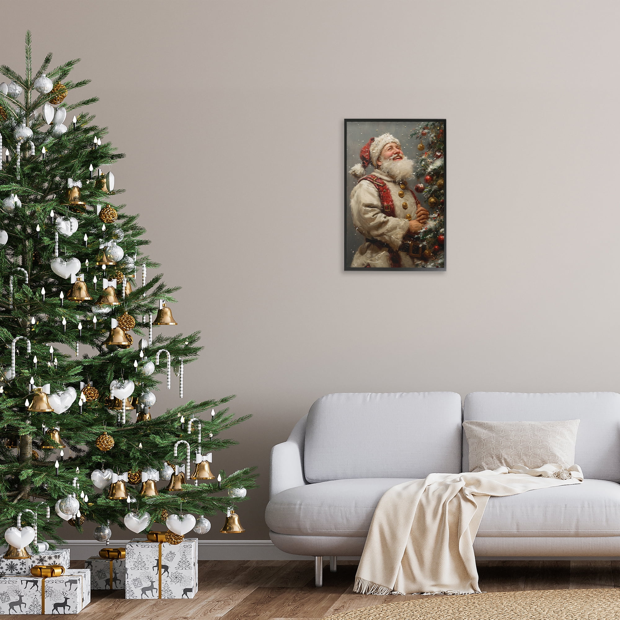 Stupell Industries Happy Santa & Tree Holiday Painting Black Framed Art Print Wall Art, 16 x 24