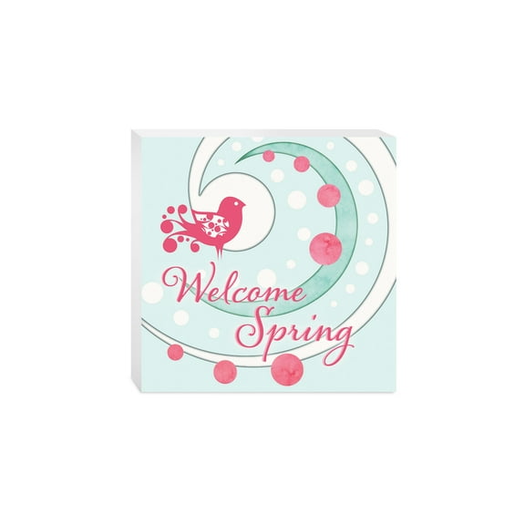Welcome Spring Sky Blue Deep Pink Bird 10 x 10 Wood Tabletop Sign Plaque