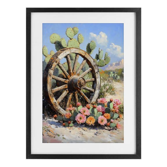 Stupell Industries Farmhouse Wagon Wheel Among Cactus Black Framed Print Under Glass, 14 x 20, by Franklyn Gregory