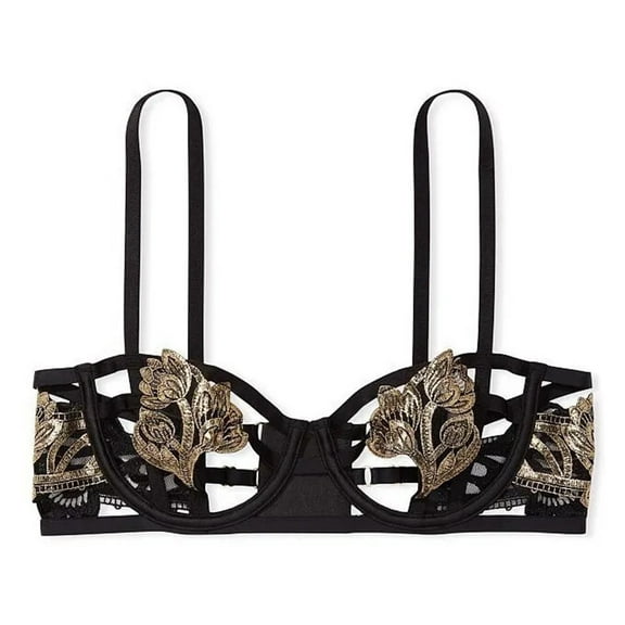 Victoria's Secret Very Sexy Strappy Unlined Balconet Bra Black & Gold Cup Size 34DD NWT