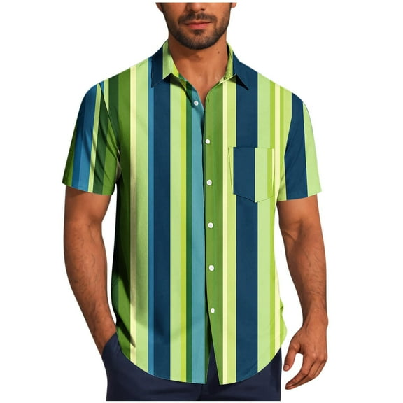 Wyobmus Mens Summer Striped Shirts Front Button Down Short Sleeve Casual Beach Hawaiian Shirts with Pocket S-5X A-Green