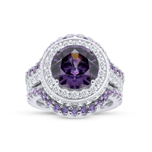 AFFY Round Simulated Amethyst & White CZ Trio Engagement Ring Set In 14k White Gold Over Sterling Silver Ring Size-4