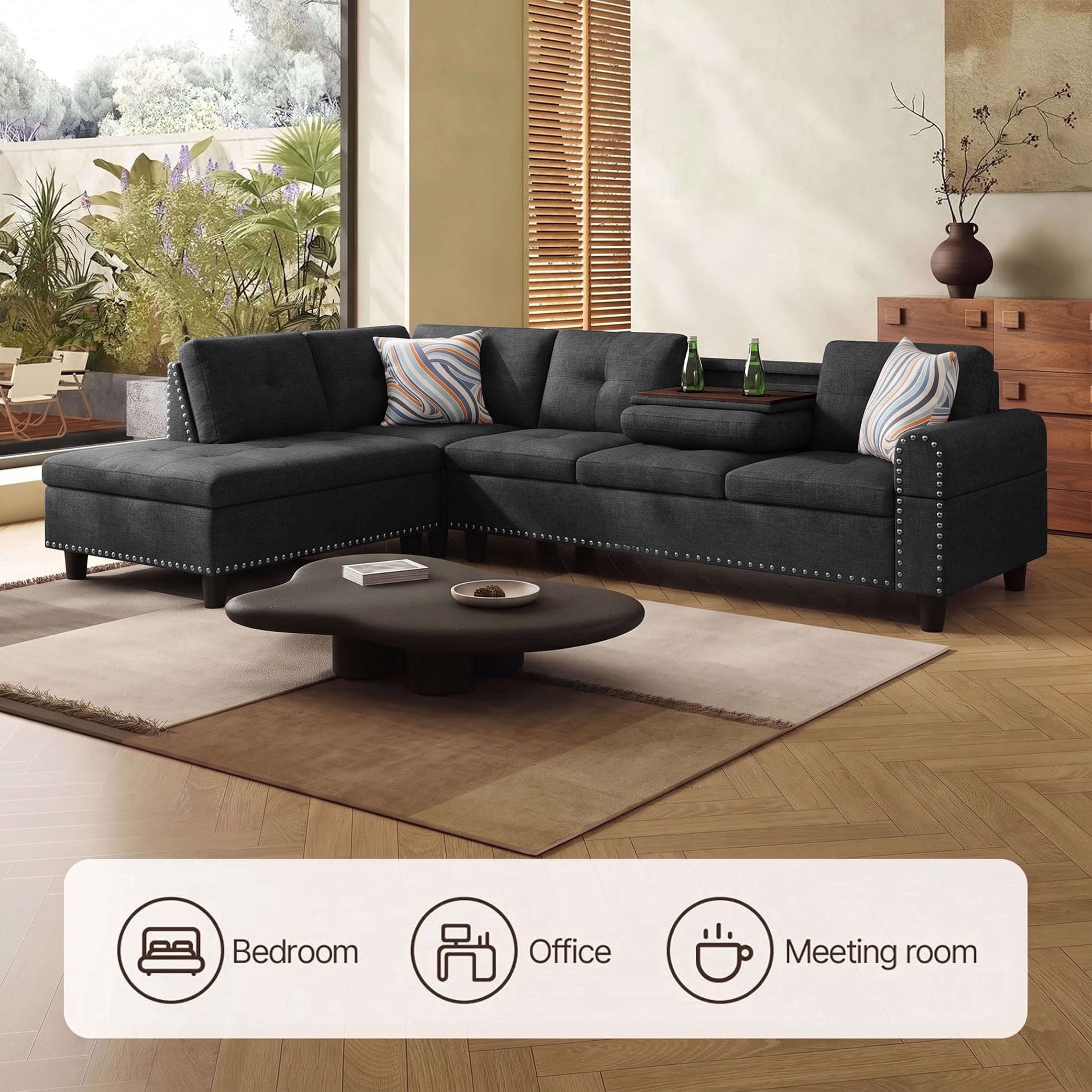 AENKYO 98" L-Shaped Sectional Sofa with Reversible Chaise and Cup Holders, Linen, Black Gray