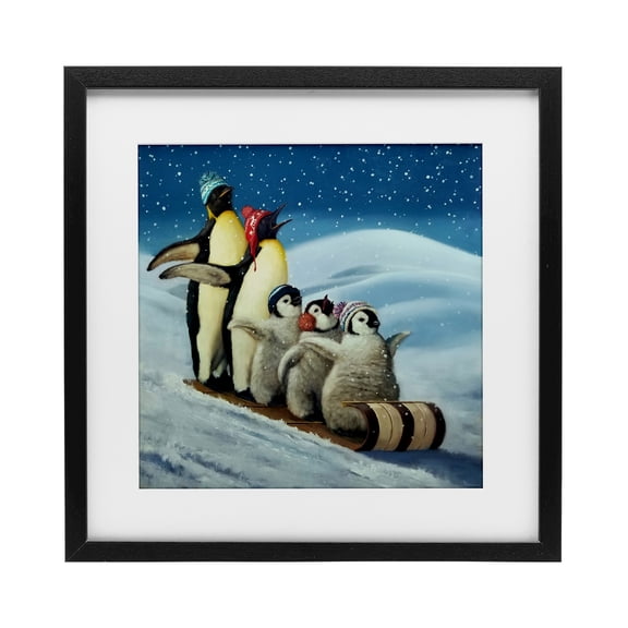 Stupell Industries Eclectic Sleigh Ride Snowy Penguins Black Framed Print Under Glass, 13 x 13, by Lucia Heffernan