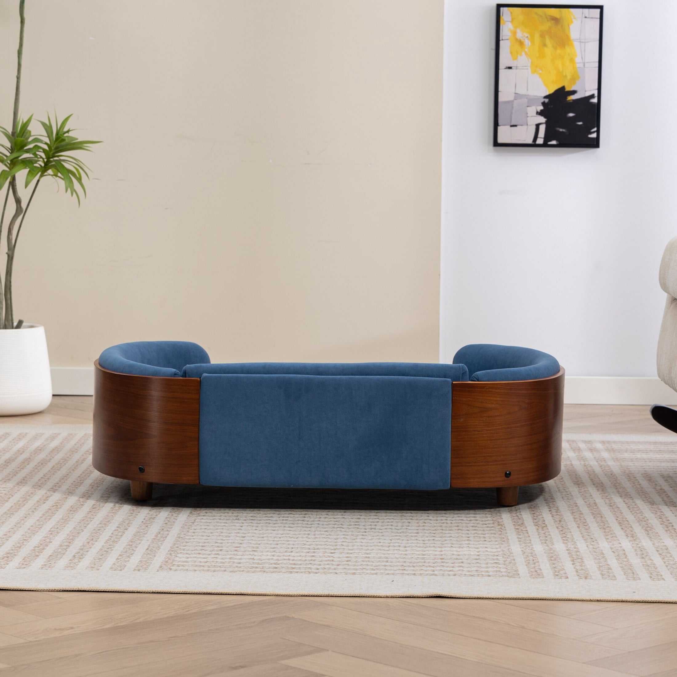 Noble House Scandinavian Elevated Large Dog Bed, Pet Sofa with Solid Wood Frame, Dark Blue and Walnut