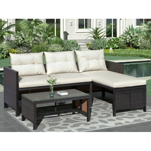 Clearance 3 Pieces Patio Furniture Sectional Set Outdoor With Two Seater Sofa Lounge Table Cushion Pe Rattan Wicker Bistro Conversation For Garden Backyard B635 Com - Wicker Patio Dining Set With Bench
