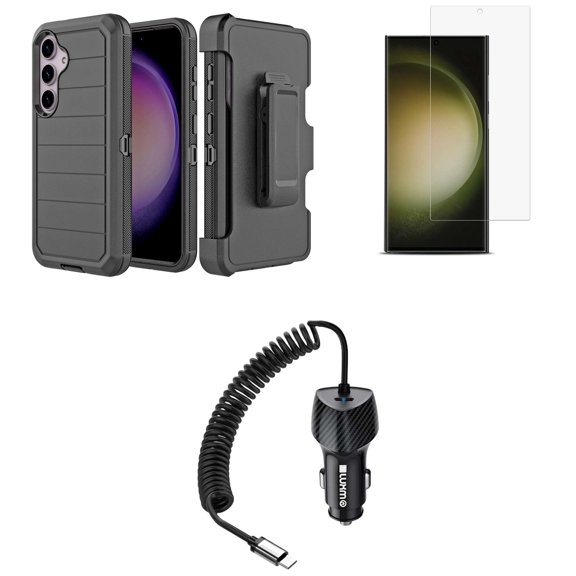 Heavy Duty Cover Bundle for Samsung Galaxy S24 Plus Case with Belt Clip Holster, Glass Screen Protector, Car Charger - Black