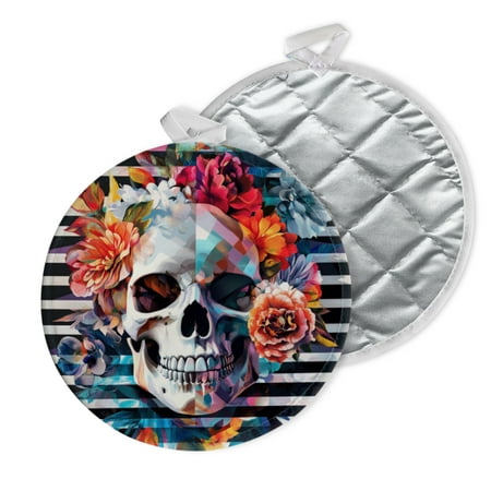 

2 PCS Pot Holders for Kitchen Potholders Sets with Hook for Oven Cooking Baking Abstract Skull And Floral Arrangement