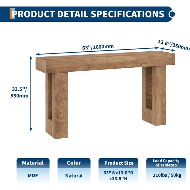 Kojooin 63 Inch Farmhouse Console Table for Entryway, Wooden Sofa Table for Hallway or Behind Couch