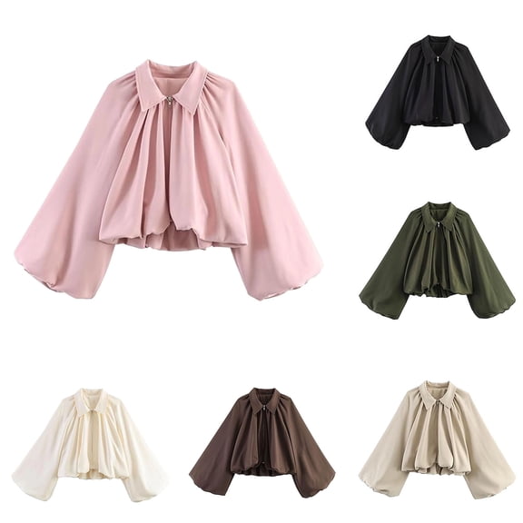 Lutiedan Cropped Zip Up Jacket for Women Lapel Puff Long Sleeve Pleated Coat Casual Baggy Trendy Colid Color Outerwear,White,L
