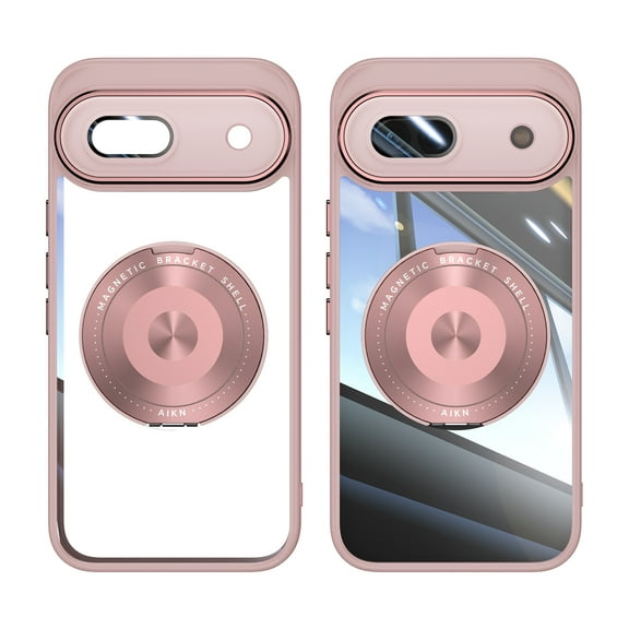 for Google Pixel 8a Back Case with Lens Protector, Slim TPU Frame Rotating Ring Bracket Magnetic PC Clear Back Anti-Scratch Anti-fingerprint Phone Case for Google Pixel 8a, Pink