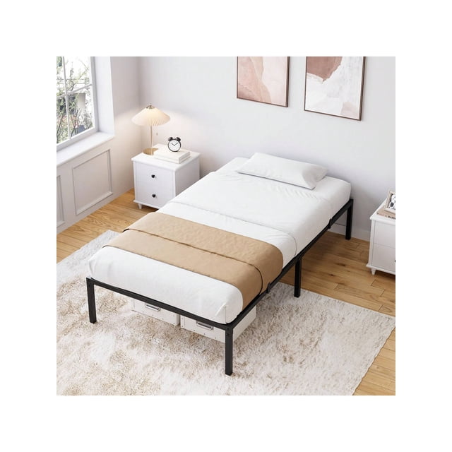 16-pulgada heavy duty metal platform marco de cama para dormitorio, no necesita colchón base, fácil montaje, noise-free, negra