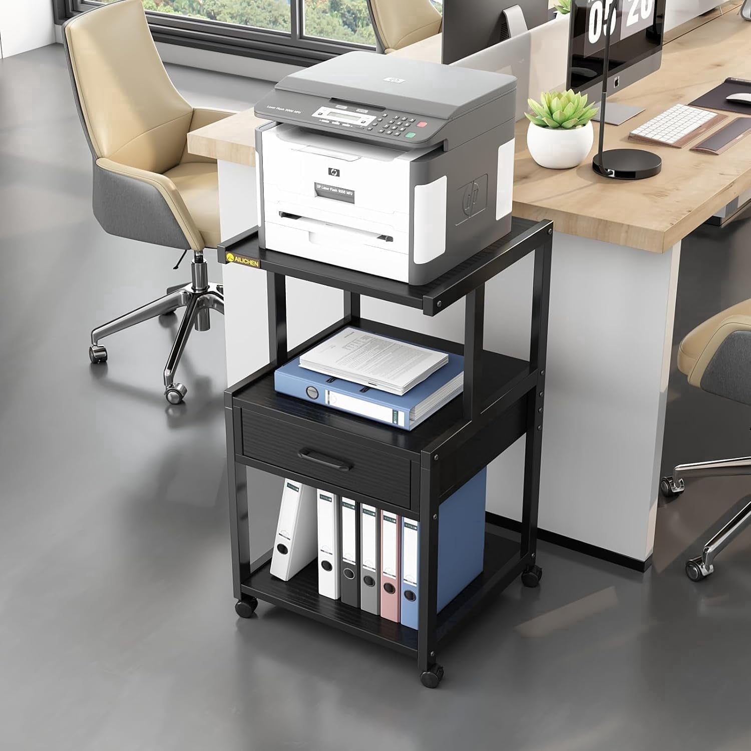 ALISENED 3-Tier Mobile Printer Stand with Storage Rolling Floor-Standing Deskside Shredder Storage Shelf Rack for Home Office,Study,Living Room