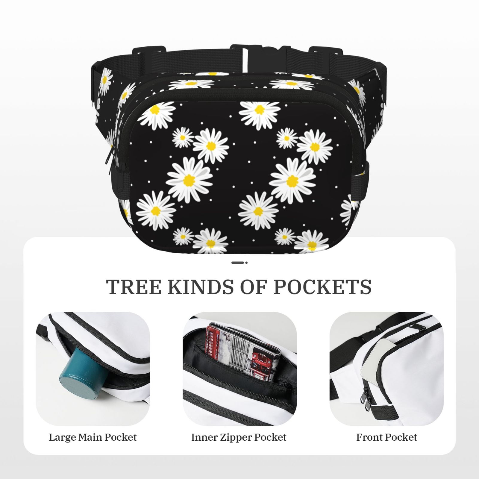 Picia Daisies Flowers Print Square Double-Layer Waist Bag Mini Adjustable Waist Belt Bag Exercise Running Travel Hiking