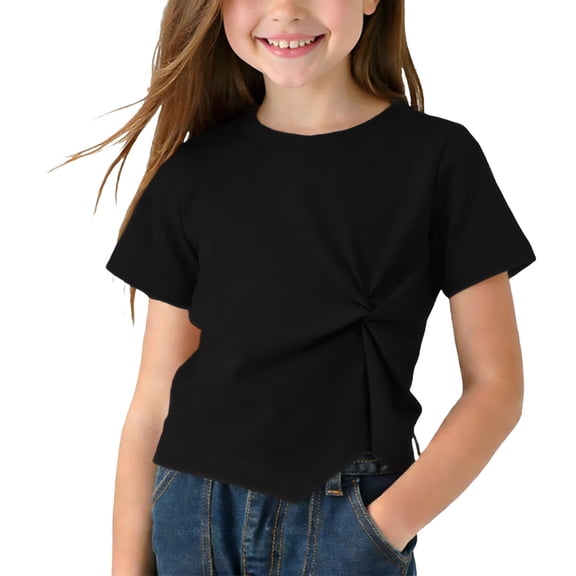 Alkepwun Girls Tops Casual Solid Color Crew Neck Short Sleeve T-Shirt Cute Twist Side Tunic Comfortand Breathable Summer Crop Tee Top 1-9 Years