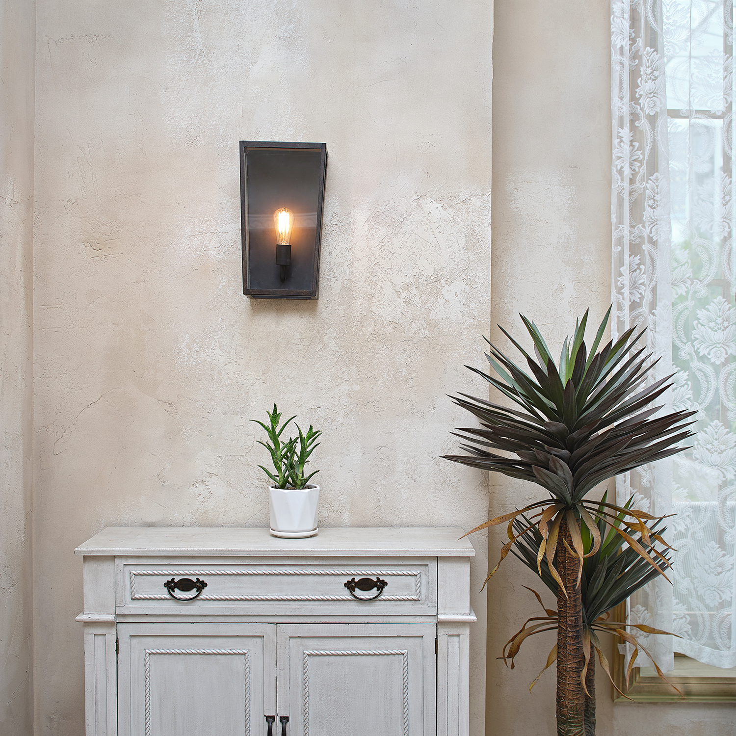 Globe Electric Greer 1-Light Matte Black and Faux Wood Outdoor Wall Sconce with Clear Glass Shade, 44788